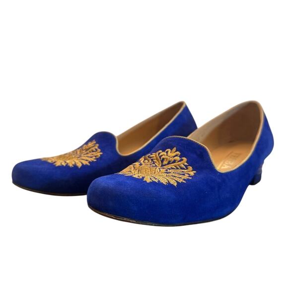 Vesba Shoes - Vesba Blue Suede Embroidered Loafers EU 41 US 9.5 Gold Smoking Slippers